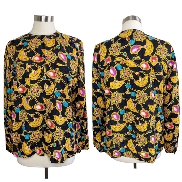 ADRIANNA PAPELL Vintage 100% Silk Chain Jewel Button Up Blouse size 8 - Picture 1 of 11